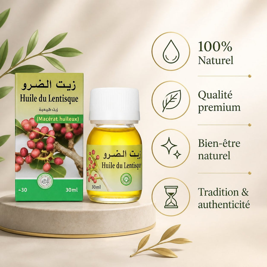 Huile de Lentisque 30mL 100% Naturelle (Mâcérat) – infographie des bienfaits et des ingrédients clés