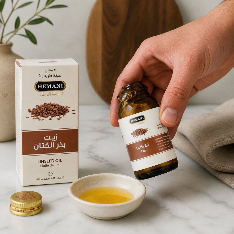 Huile de Lin 30ml Naturelle Hemani – application en situation réelle, geste de soin quotidien
