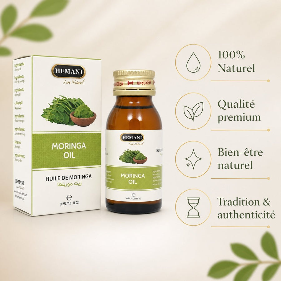 Huile de Moringa Capillaire - Nourrissante et Réparatrice 30 ml – infographie des bienfaits et des ingrédients clés