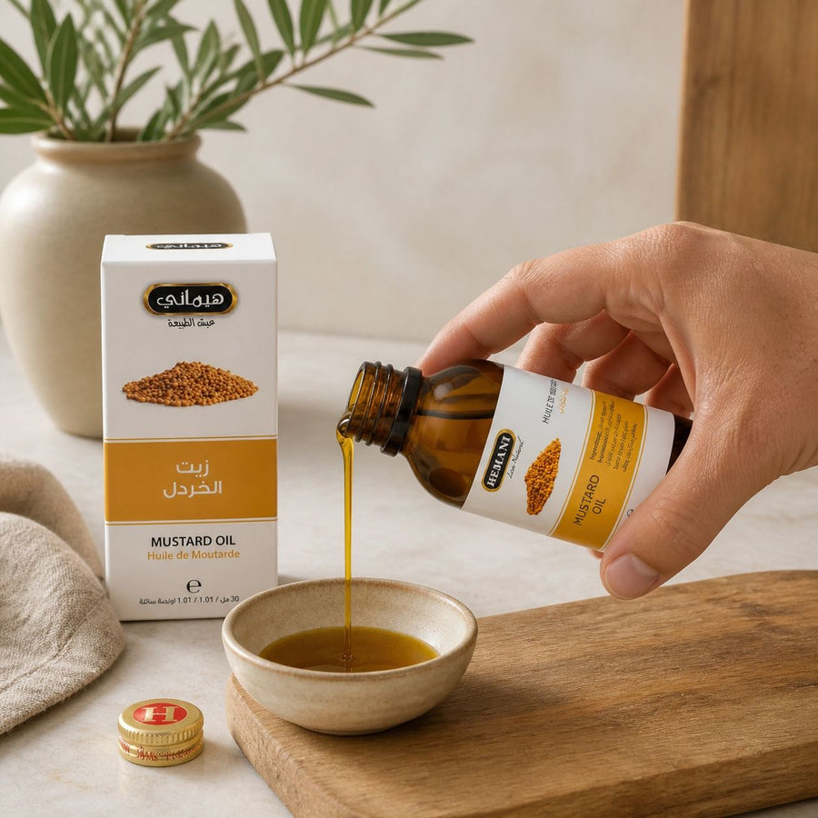 Huile de Moutarde 30ml HEMANI – application en situation réelle, geste de soin quotidien