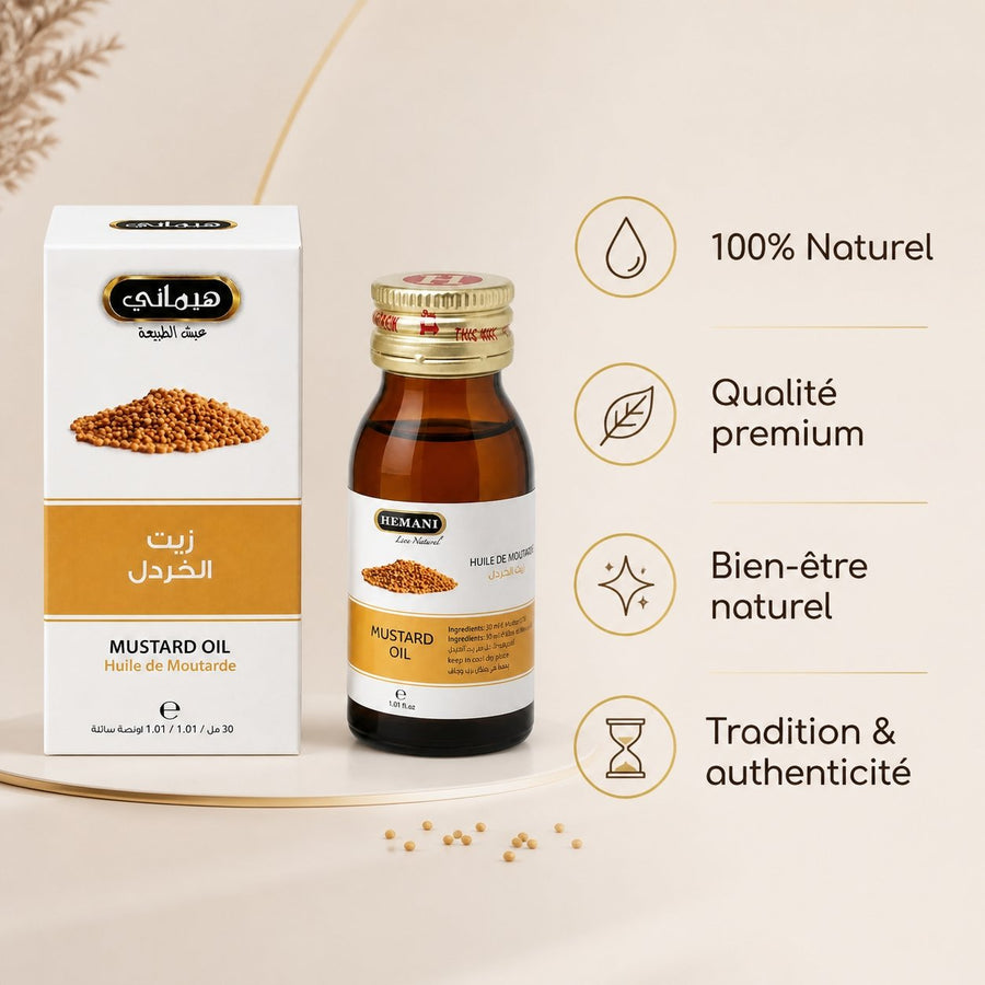 Huile de Moutarde 30ml HEMANI – infographie des bienfaits et des ingrédients clés