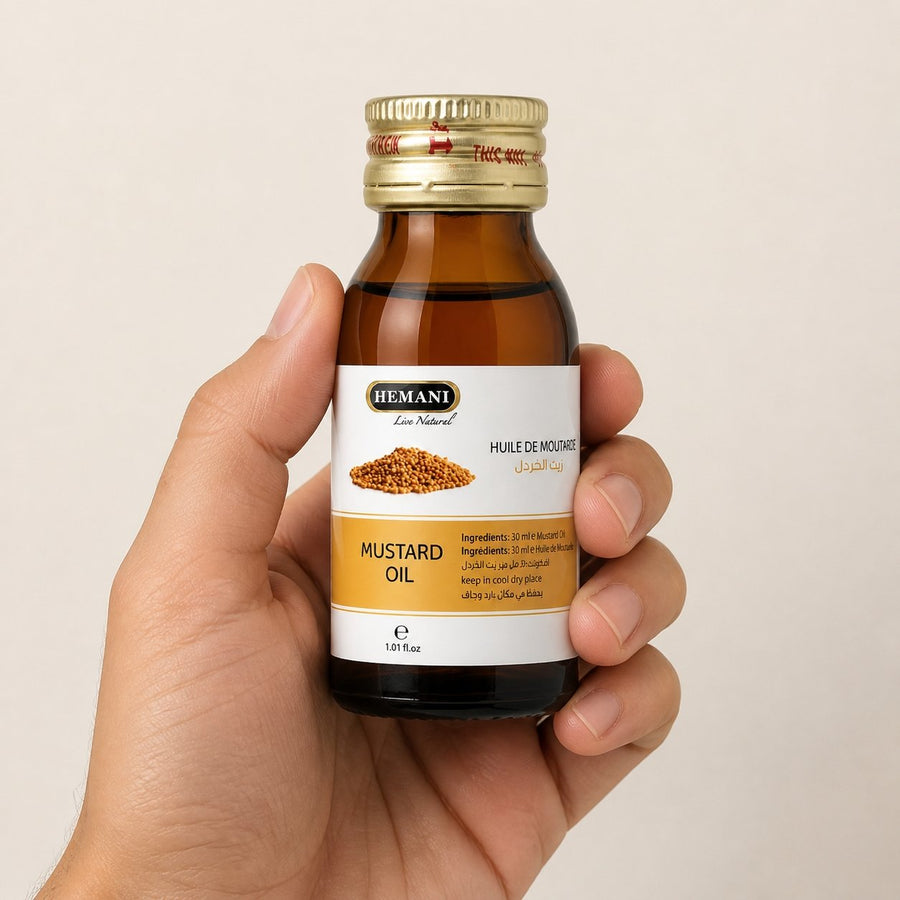 Huile de Moutarde 30ml HEMANI – taille et contenance réelles du produit en main