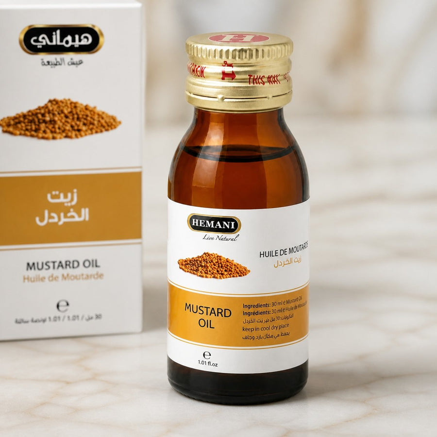 Huile de Moutarde 30ml HEMANI – gros plan sur les détails et la finition du packaging