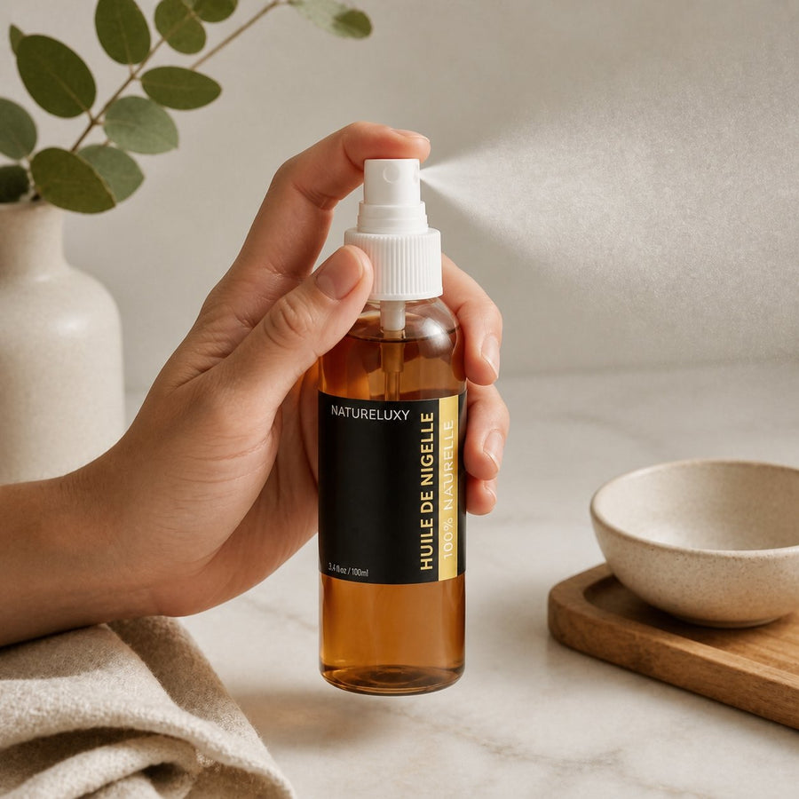 Huile de Nigelle 100ml Spray 100% Naturelle – application en situation réelle, geste de soin quotidien