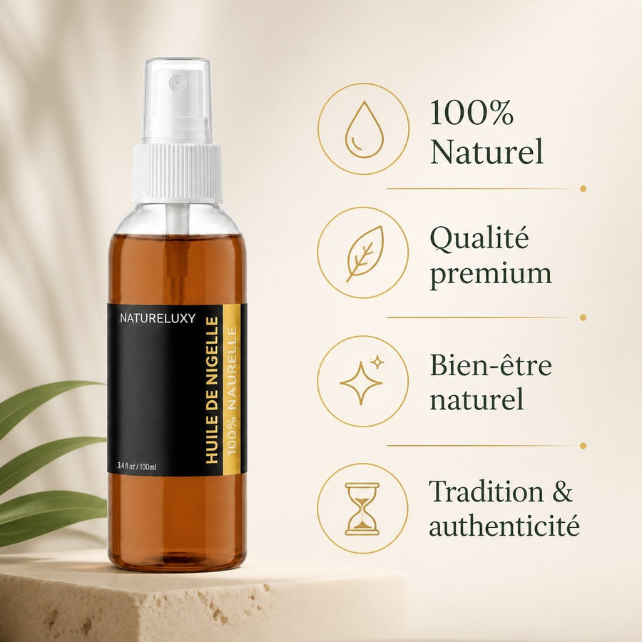 Huile de Nigelle 100ml Spray 100% Naturelle – infographie des bienfaits et des ingrédients clés