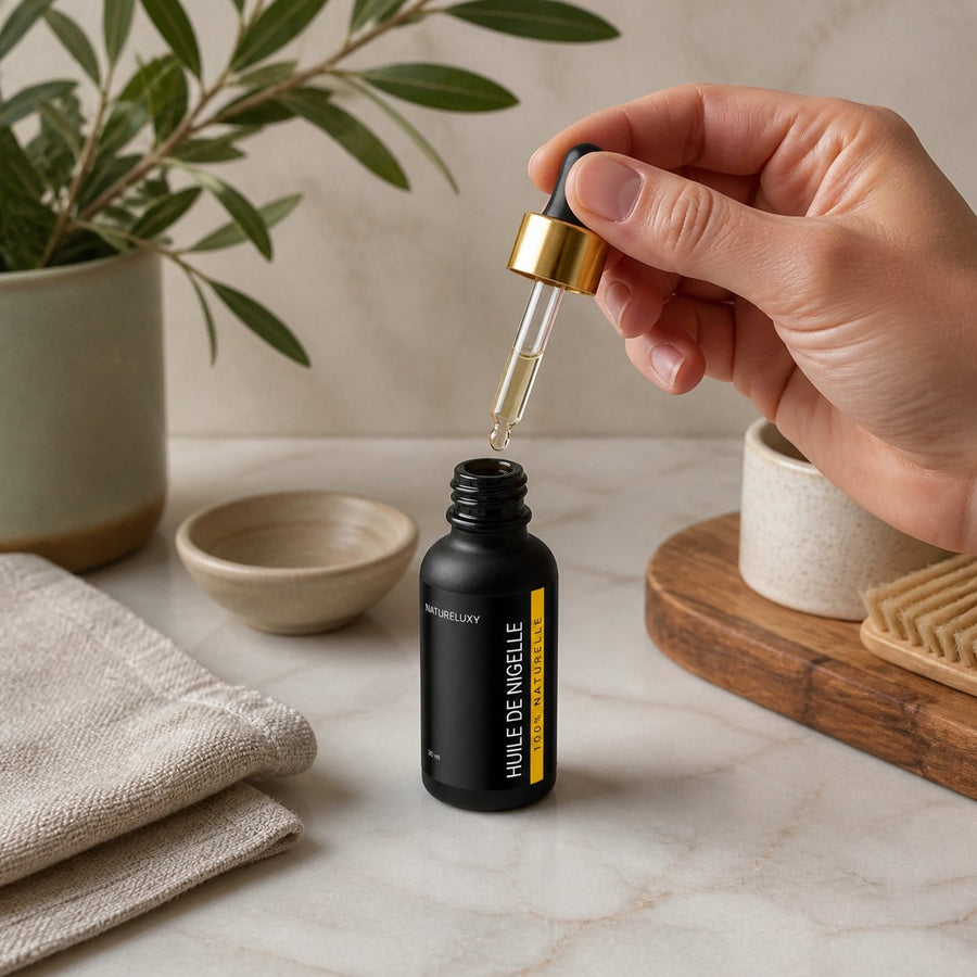 Huile de Nigelle 30mL pipette 100% naturelle (Envoi rapide) – application en situation réelle, geste de soin quotidien