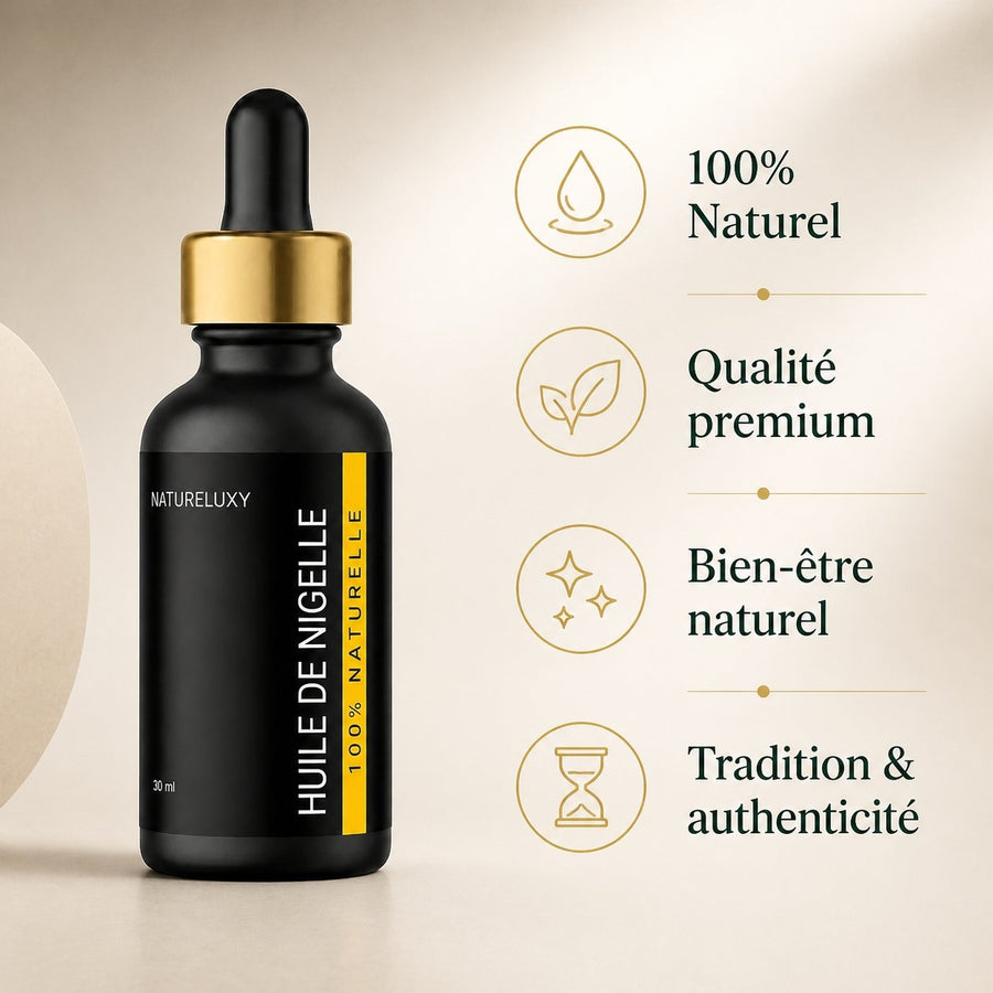 Huile de Nigelle 30mL pipette 100% naturelle (Envoi rapide) – infographie des bienfaits et des ingrédients clés