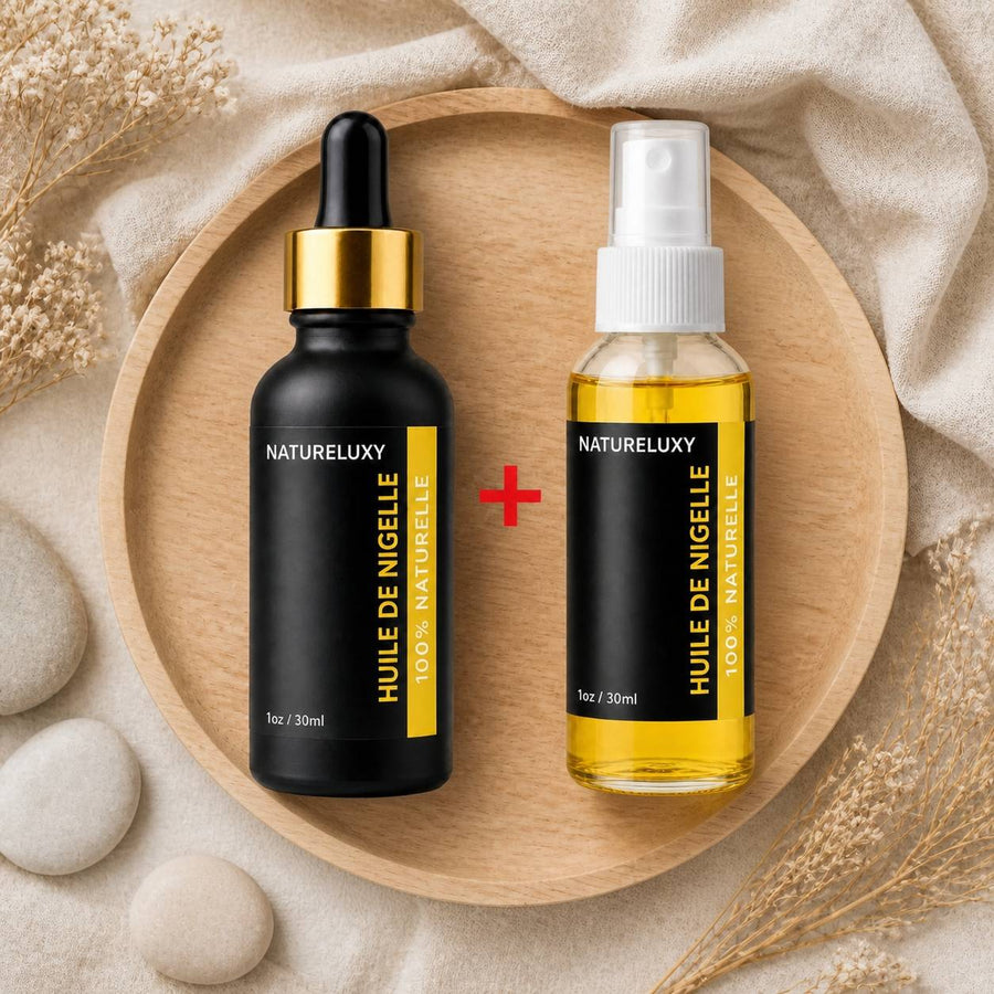 Huile de Nigelle 30mL pipette + Huile de Nigelle 30mL Spray 100% naturelle – composition flat lay avec éléments naturels, vue du dessus