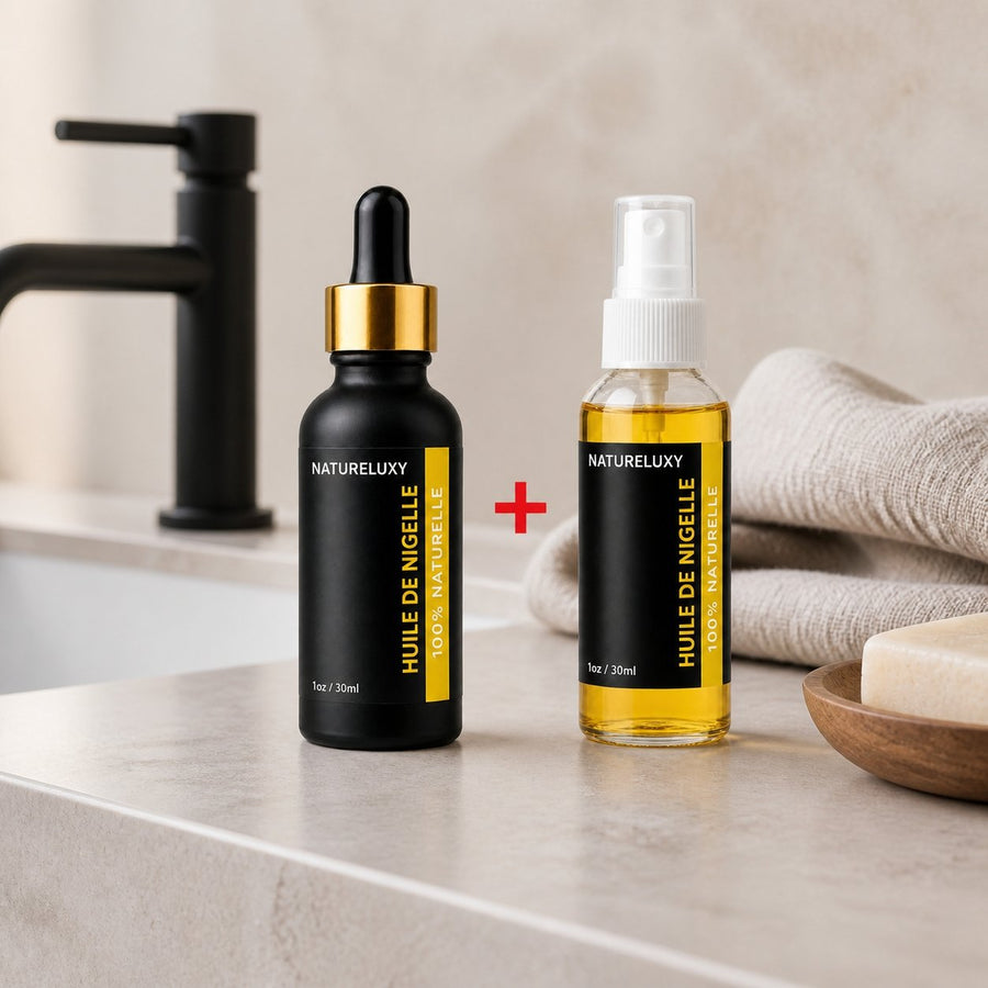 Huile de Nigelle 30mL pipette + Huile de Nigelle 30mL Spray 100% naturelle – présentation du produit dans une salle de bain lumineuse et naturelle