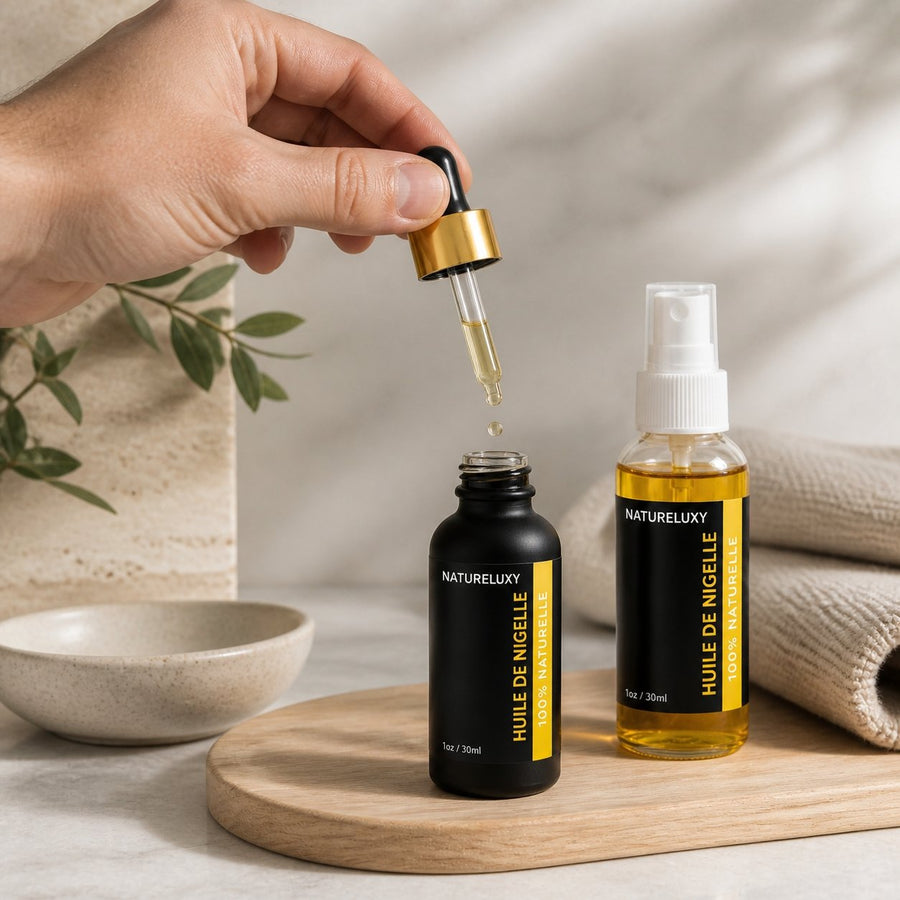 Huile de Nigelle 30mL pipette + Huile de Nigelle 30mL Spray 100% naturelle – application en situation réelle, geste de soin quotidien