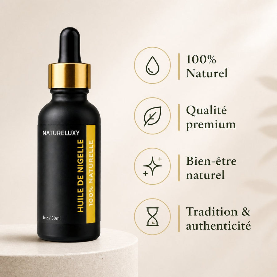 Huile de Nigelle 30mL pipette + Huile de Nigelle 30mL Spray 100% naturelle – infographie des bienfaits et des ingrédients clés