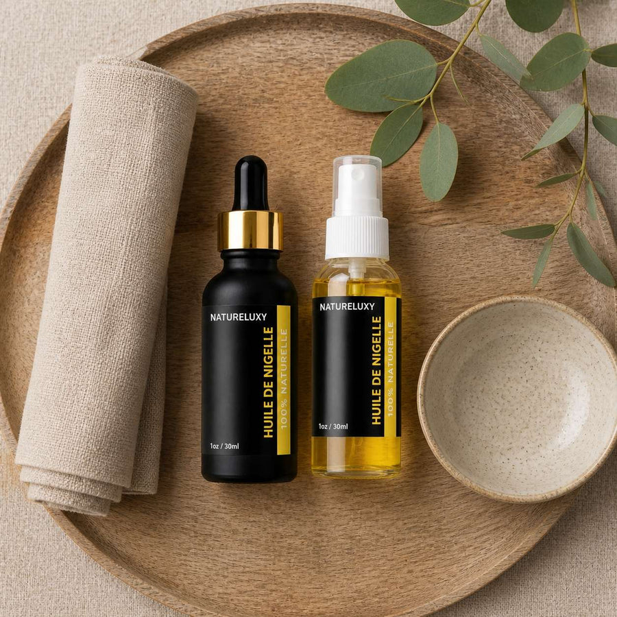 Huile de Nigelle 30mL pipette + Huile de Nigelle 30mL Spray 100% naturelle – rituel d'utilisation vu du dessus, ambiance naturelle zen