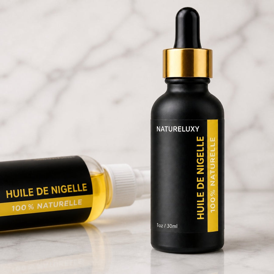 Huile de Nigelle 30mL pipette + Huile de Nigelle 30mL Spray 100% naturelle – gros plan sur les détails et la finition du packaging