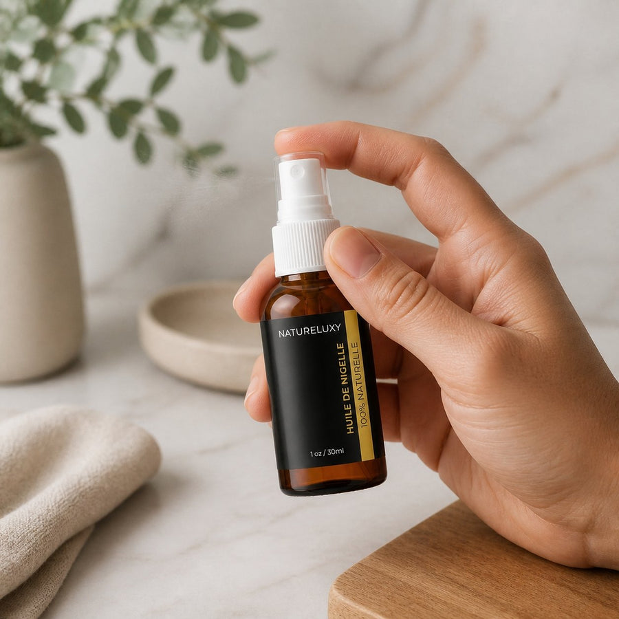 Huile de Nigelle 30mL spray 100% naturelle – application en situation réelle, geste de soin quotidien