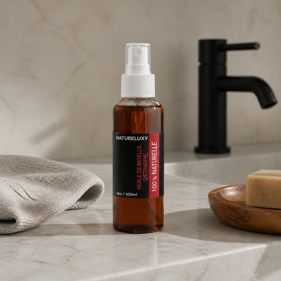 Huile de Nigelle d'Ethiopie 100mL spray 100% Naturel – présentation du produit dans une salle de bain lumineuse et naturelle