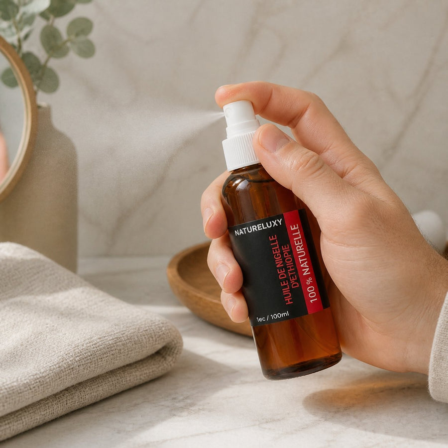 Huile de Nigelle d'Ethiopie 100mL spray 100% Naturel – application en situation réelle, geste de soin quotidien