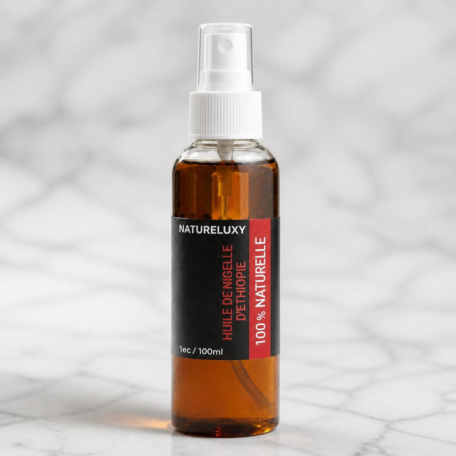 Huile de Nigelle d'Ethiopie 100mL spray 100% Naturel – gros plan sur les détails et la finition du packaging