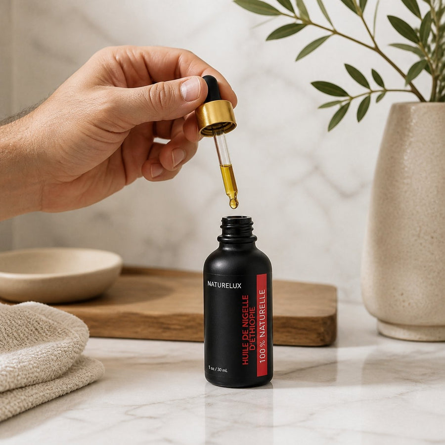 Huile de Nigelle d’Éthiopie 30 ml - Pipette Cheveux et Peau – application en situation réelle, geste de soin quotidien