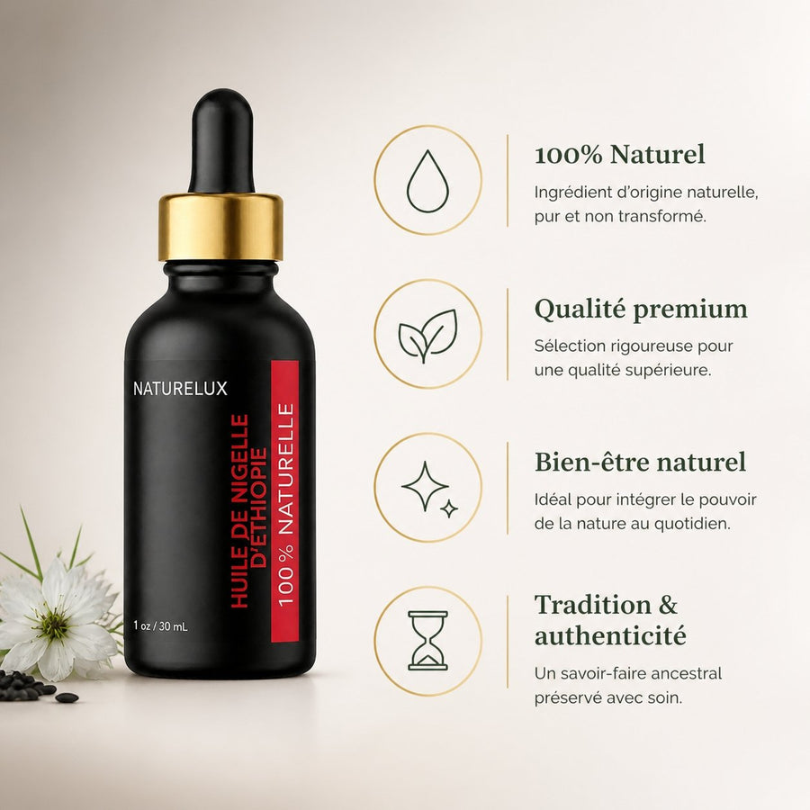 Huile de Nigelle d’Éthiopie 30 ml - Pipette Cheveux et Peau – infographie des bienfaits et des ingrédients clés