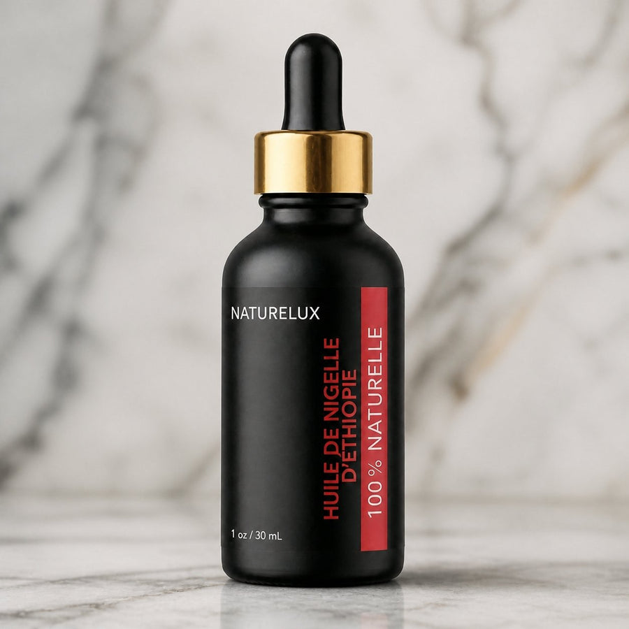 Huile de Nigelle d’Éthiopie 30 ml - Pipette Cheveux et Peau – gros plan sur les détails et la finition du packaging