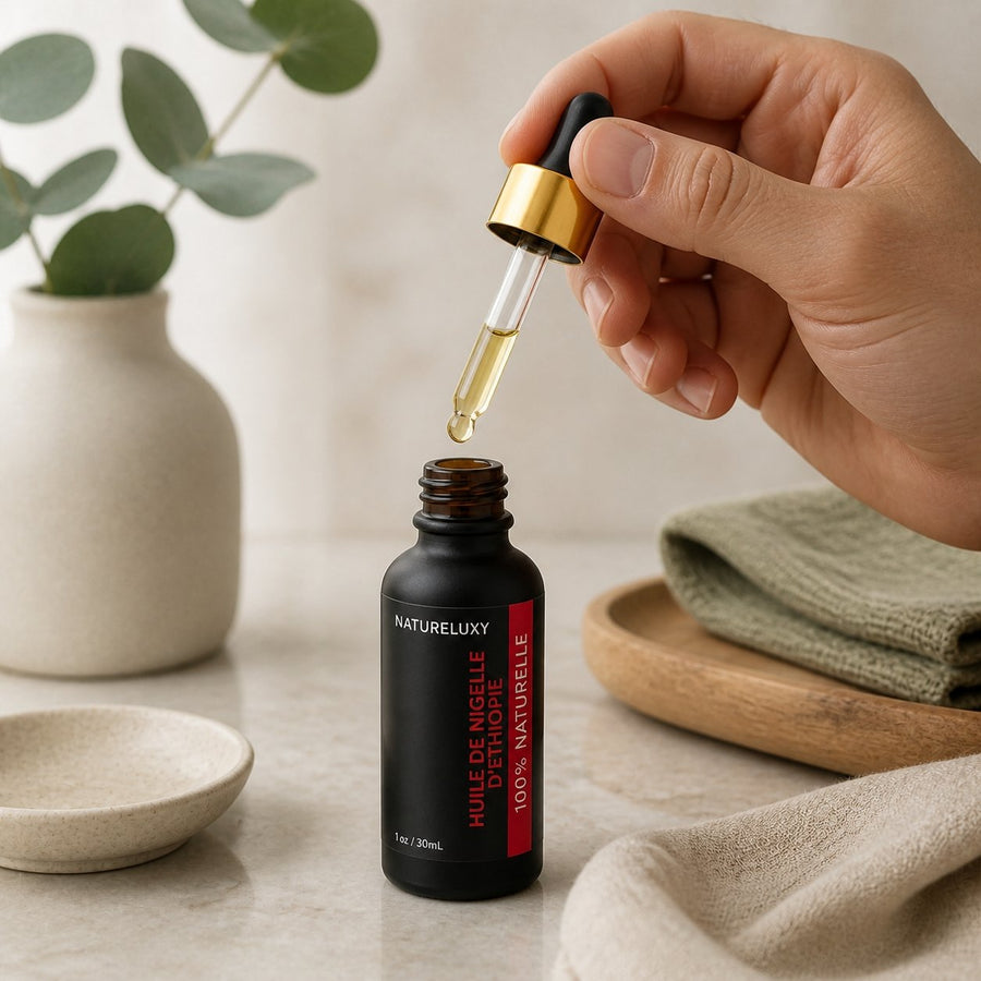 Huile de Nigelle d'éthiopie 30mL pipette +Huile de Nigelle d'éthiopie 30mL Spray – application en situation réelle, geste de soin quotidien