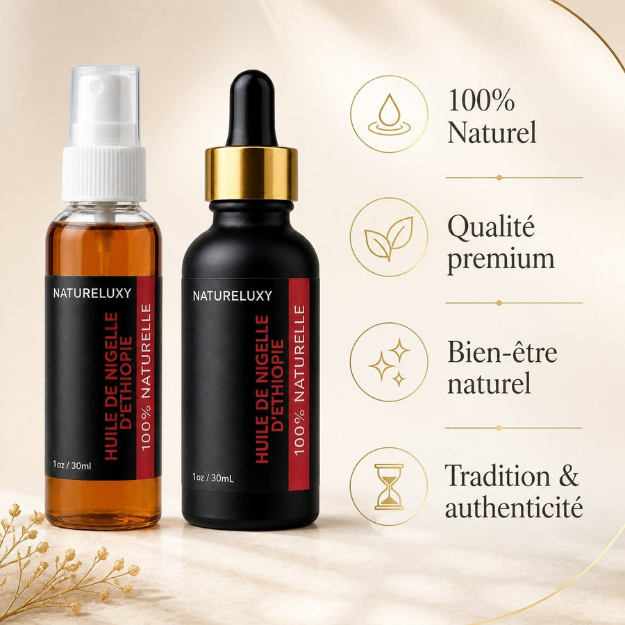 Huile de Nigelle d'éthiopie 30mL pipette +Huile de Nigelle d'éthiopie 30mL Spray – infographie des bienfaits et des ingrédients clés