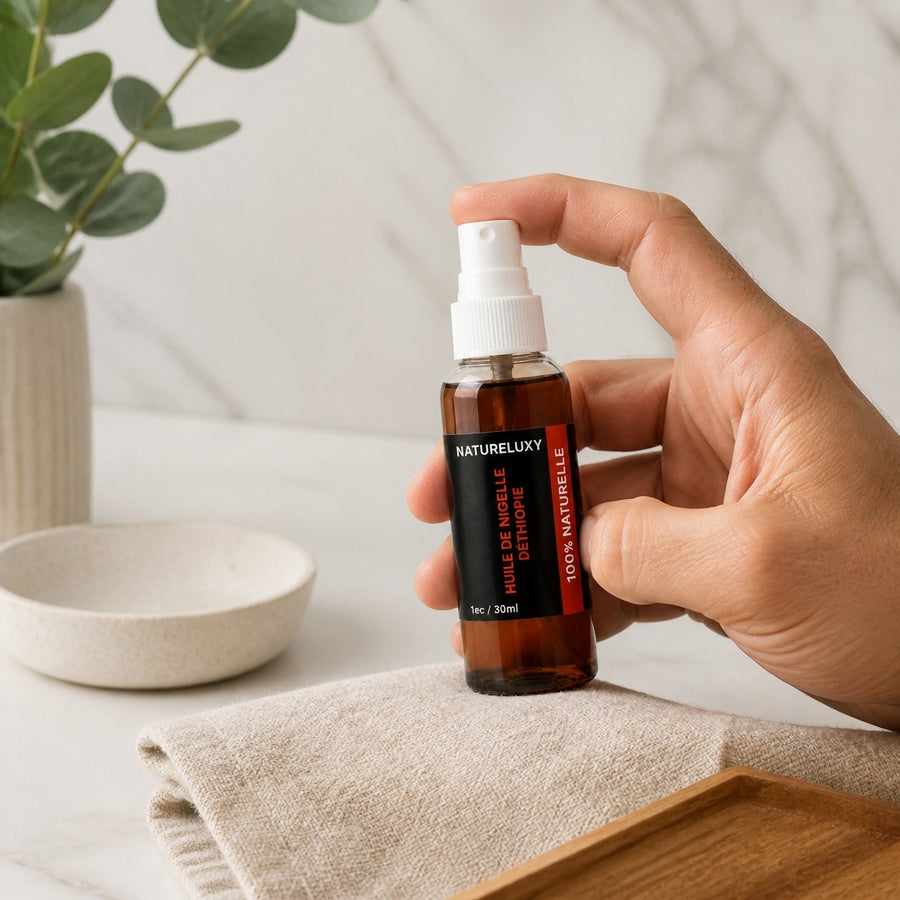 Huile de Nigelle d'éthiopie 30mL spray 100% naturelle – application en situation réelle, geste de soin quotidien