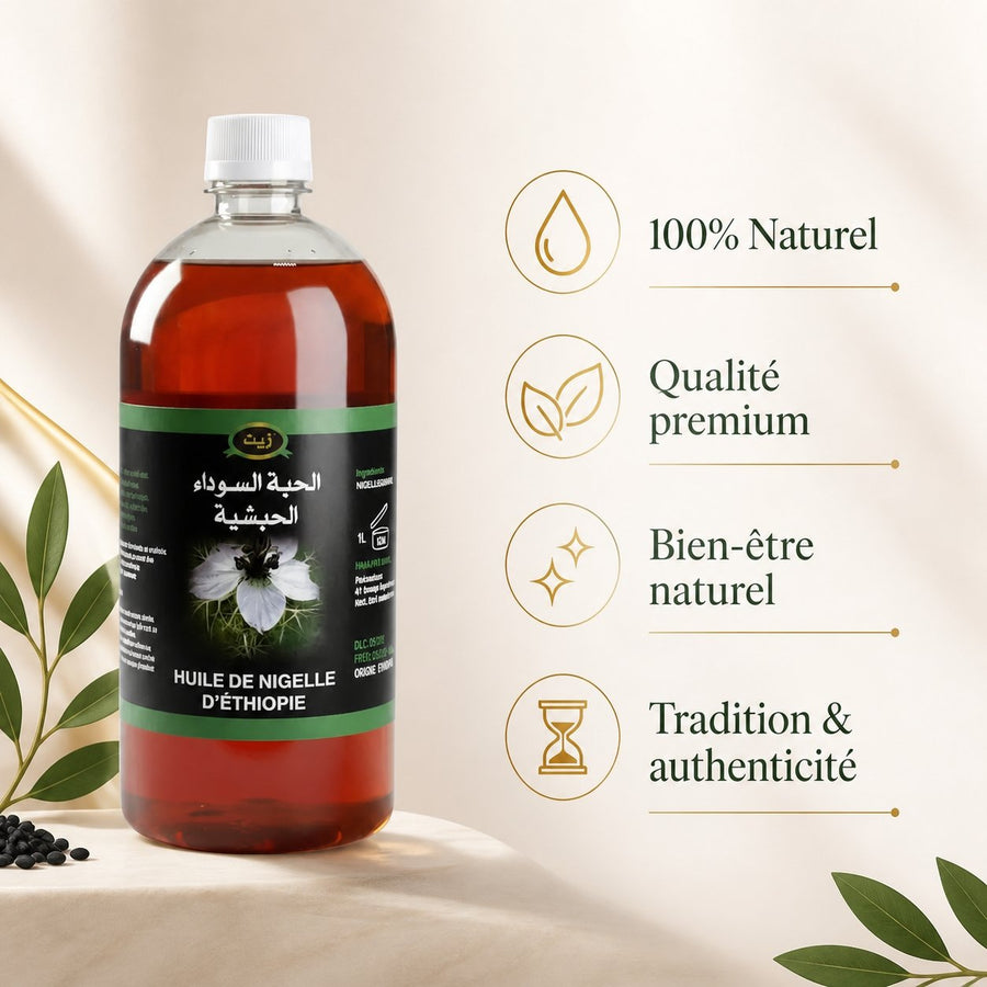 Huile de Nigelle d’Éthiopie Haute Qualité 1L – Pressée à froid – Non filtrée – Cosmétique & Comestible (Habashia) – infographie des bienfaits et des ingrédients clés