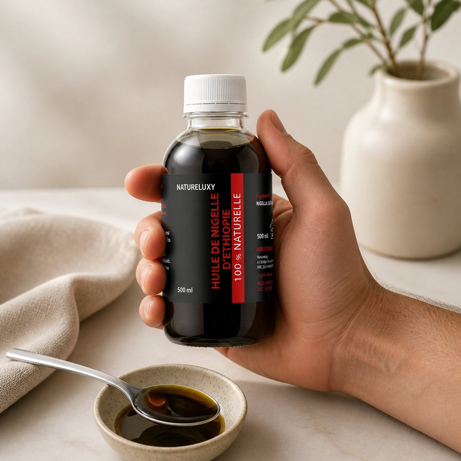 Huile de Nigelle d’Éthiopie Habashia 500 mL – Huile de graine noire haute qualité – application en situation réelle, geste de soin quotidien
