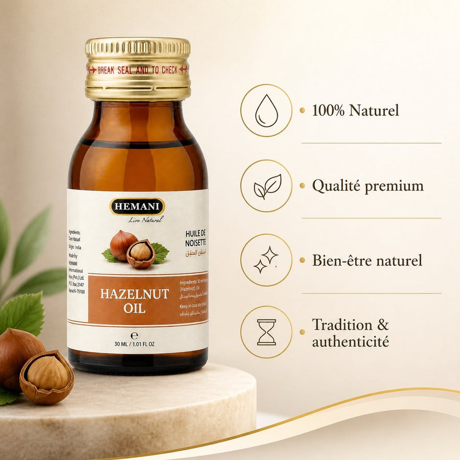 Huile de Noisette 30ml Hemani Naturel – infographie des bienfaits et des ingrédients clés