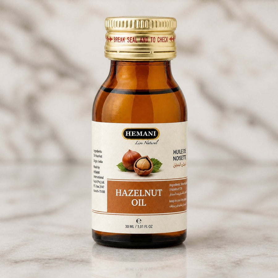 Huile de Noisette 30ml Hemani Naturel – gros plan sur les détails et la finition du packaging