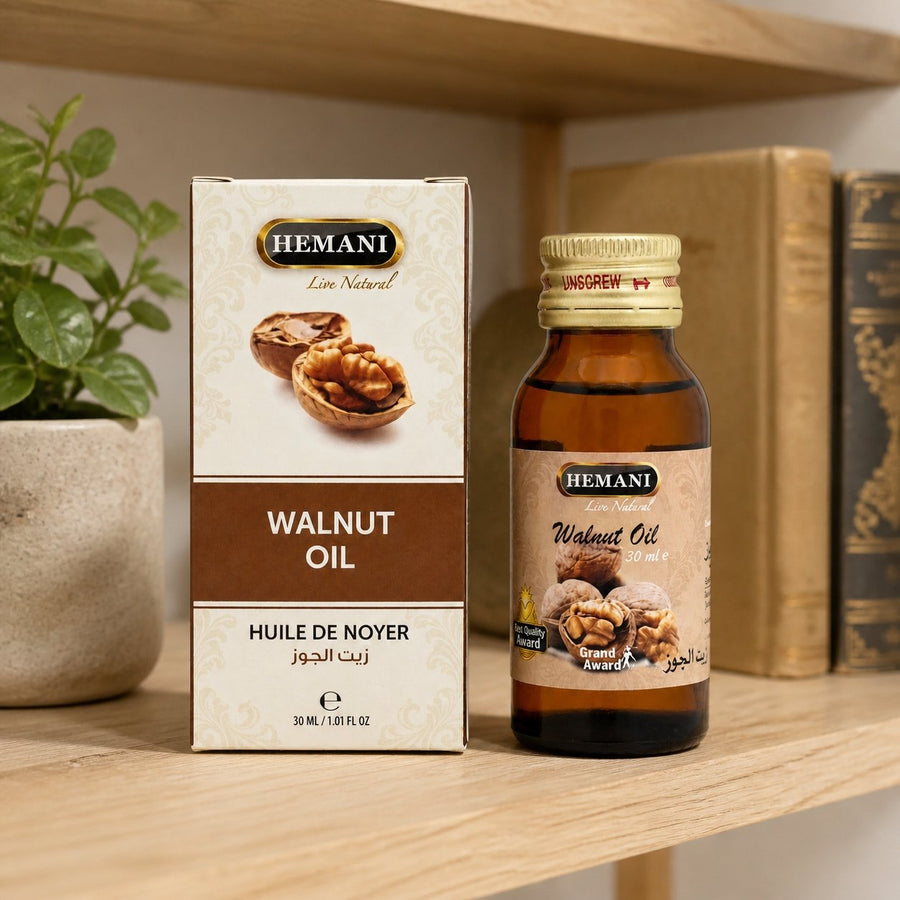Huile de Noix 30ml Hemani Naturel – présentation sur étagère en bois