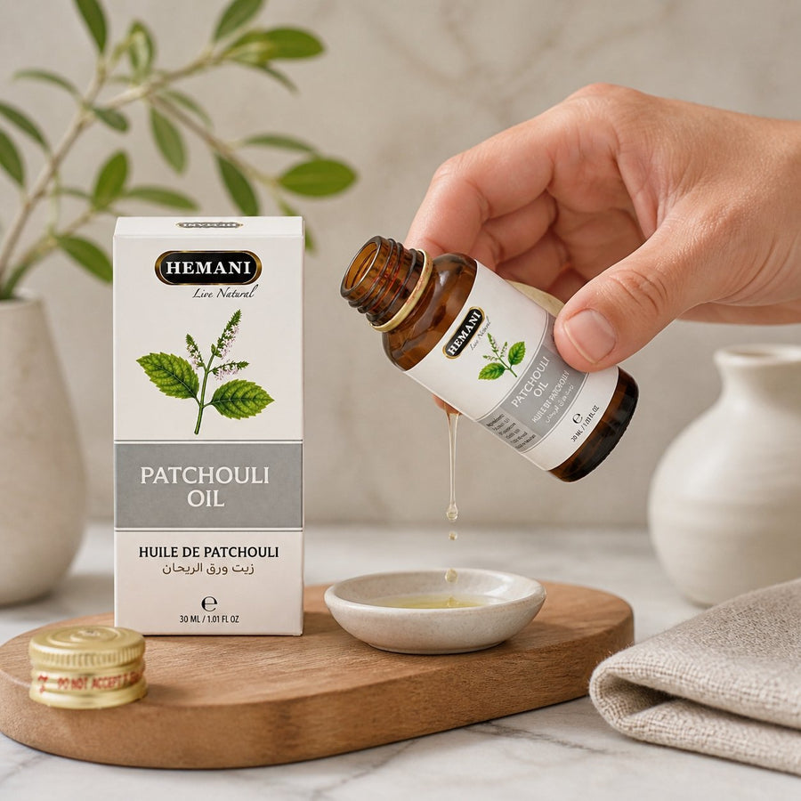 Huile de Patchouli 30mL Hemani – application en situation réelle, geste de soin quotidien