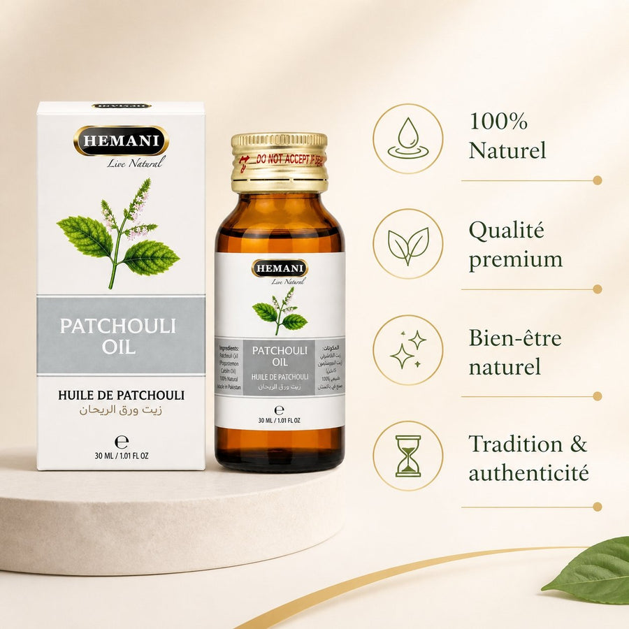 Huile de Patchouli 30mL Hemani – infographie des bienfaits et des ingrédients clés