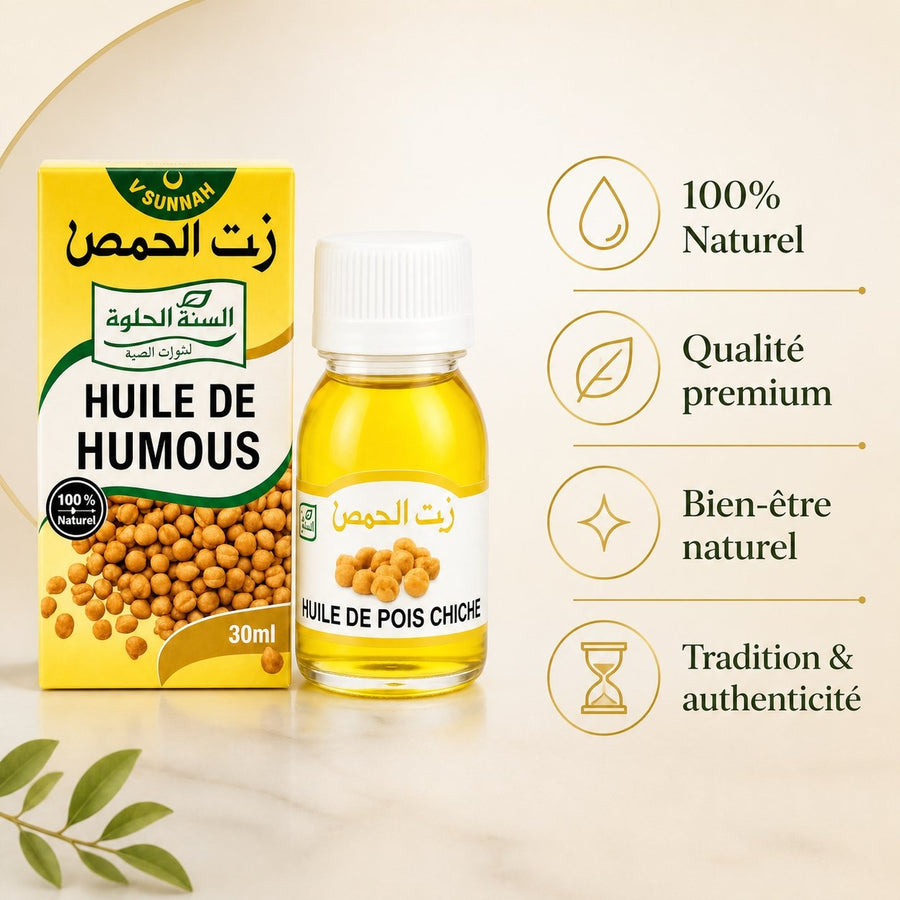Huile de Pois Chiche 30mL 100% Naturelle – infographie des bienfaits et des ingrédients clés