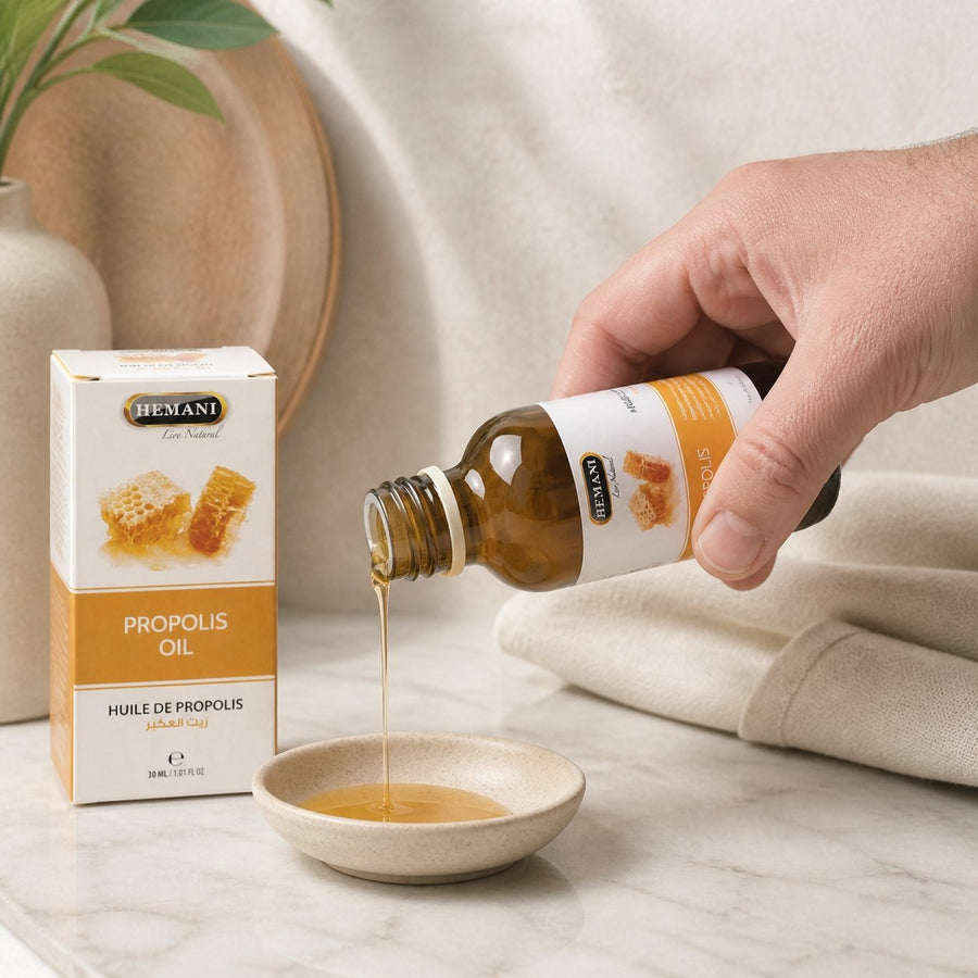 Huile de Propolis 30mL 100% Naturelle Hemani – application en situation réelle, geste de soin quotidien