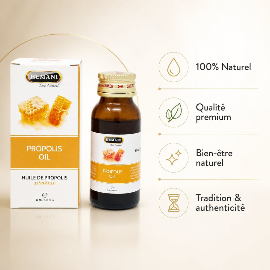 Huile de Propolis 30mL 100% Naturelle Hemani – infographie des bienfaits et des ingrédients clés
