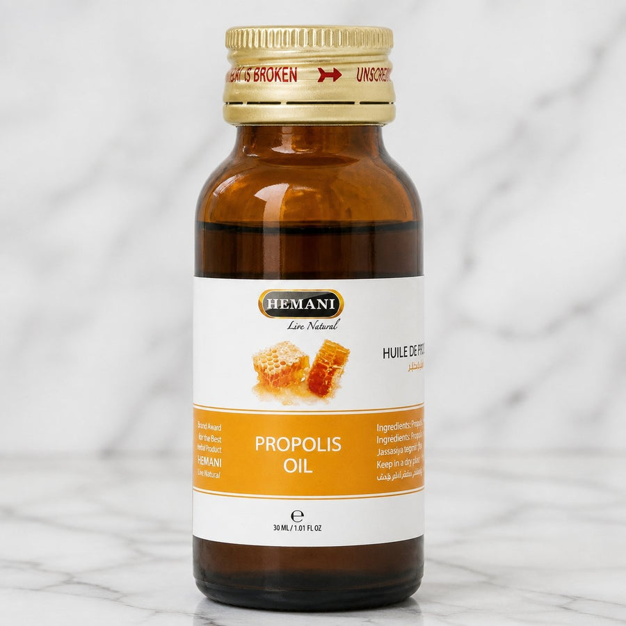 Huile de Propolis 30mL 100% Naturelle Hemani – gros plan sur les détails et la finition du packaging