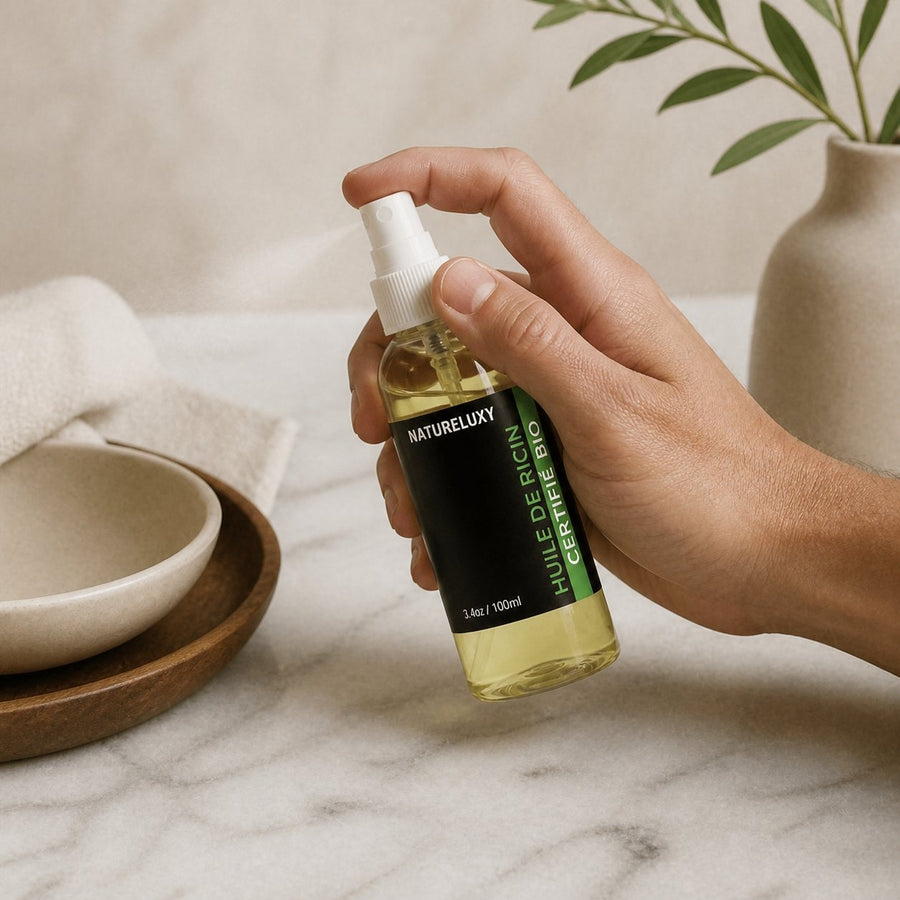 Huile de Ricin 100 ml - Spray Cheveux Ongles Peau – application en situation réelle, geste de soin quotidien