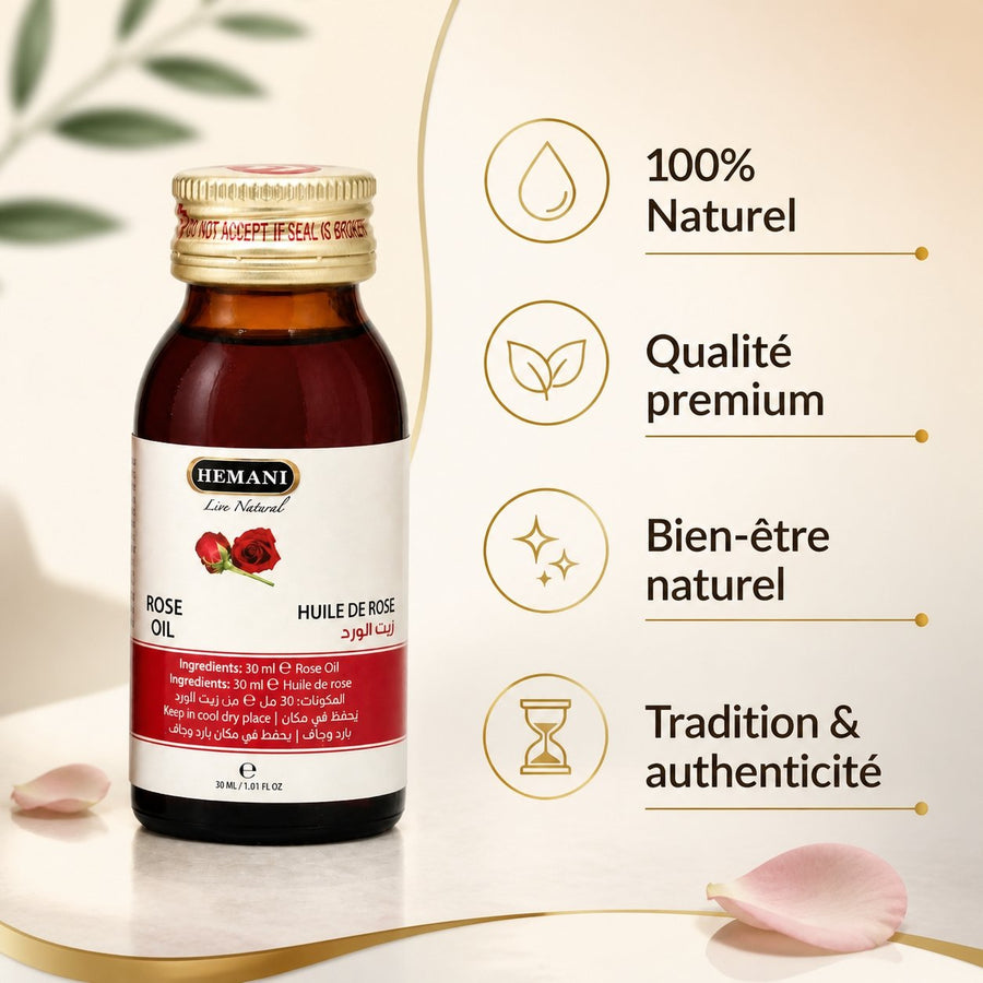 Huile de Rose 30ml Naturelle Hemani – infographie des bienfaits et des ingrédients clés