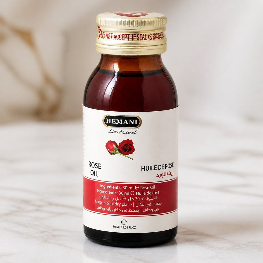 Huile de Rose 30ml Naturelle Hemani – gros plan sur les détails et la finition du packaging