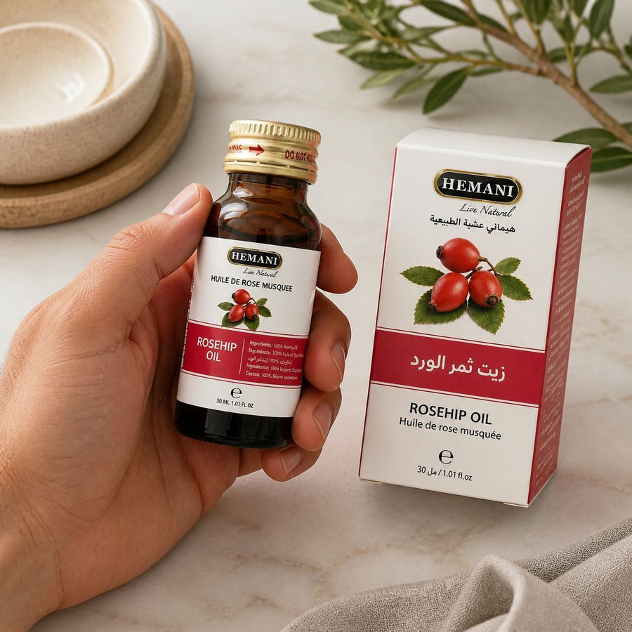 Huile de Rose Musquée 30mL 100% Naturelle Hemani – application en situation réelle, geste de soin quotidien
