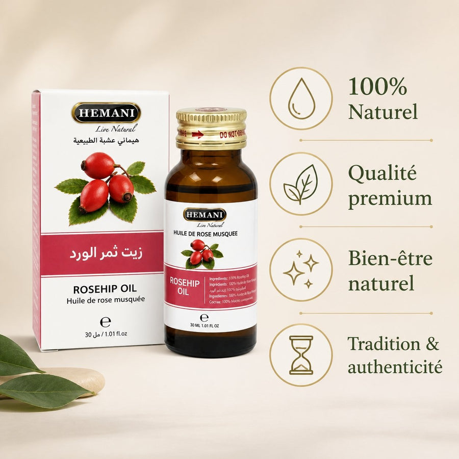 Huile de Rose Musquée 30mL 100% Naturelle Hemani – infographie des bienfaits et des ingrédients clés