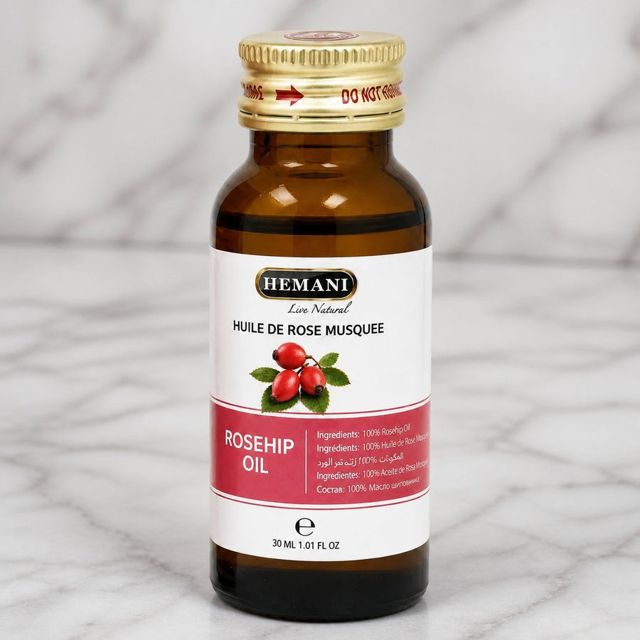 Huile de Rose Musquée 30mL 100% Naturelle Hemani – gros plan sur les détails et la finition du packaging