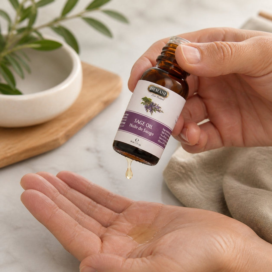 Huile de Sauge 30ml Naturelle Hemani – application en situation réelle, geste de soin quotidien