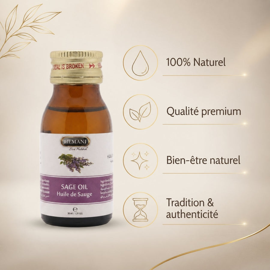 Huile de Sauge 30ml Naturelle Hemani – infographie des bienfaits et des ingrédients clés