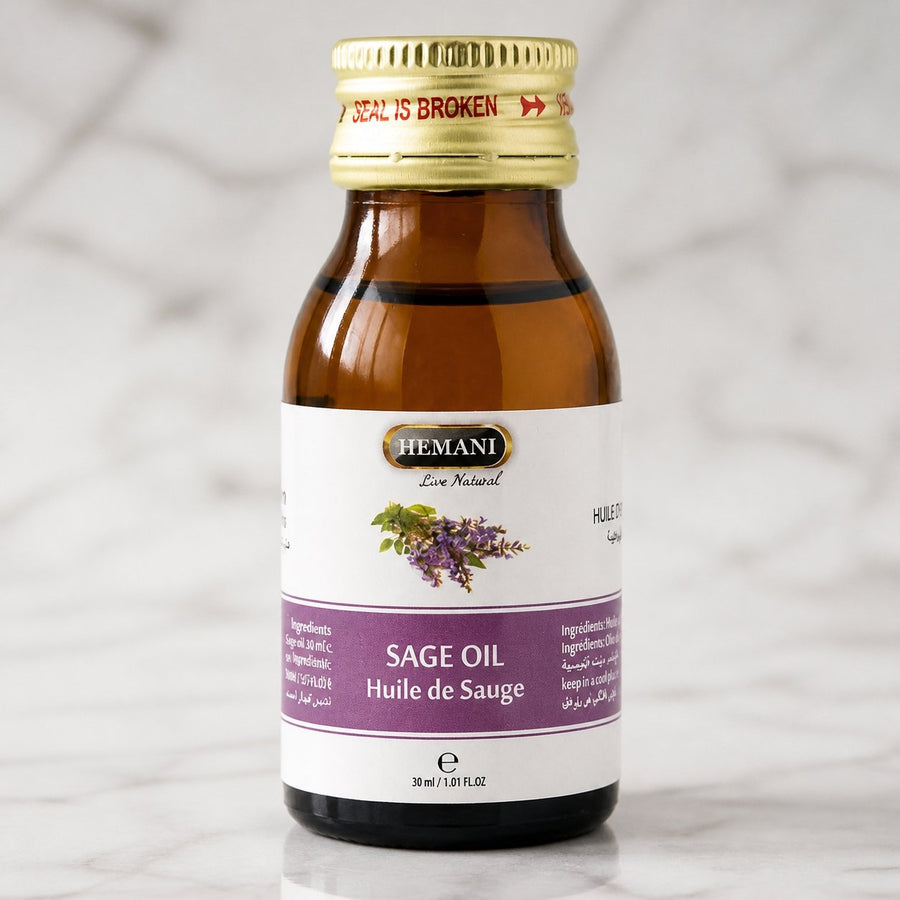 Huile de Sauge 30ml Naturelle Hemani – gros plan sur les détails et la finition du packaging
