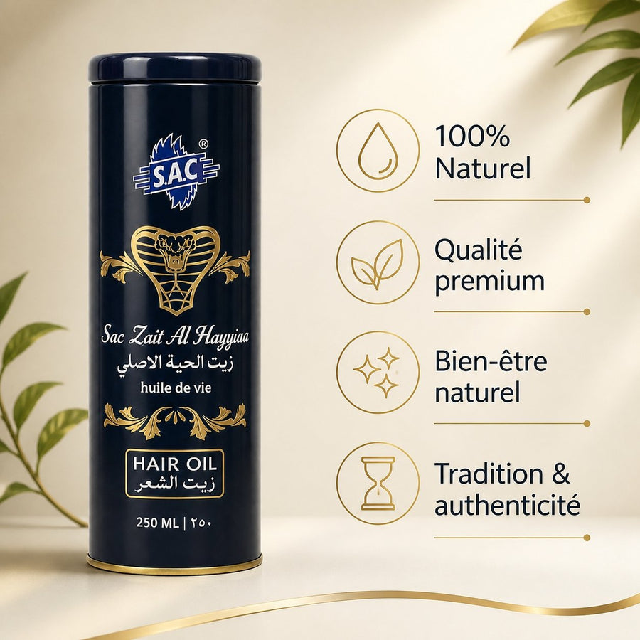 Huile de Serpent Zait Al Hayee 250 ml - Huile Capillaire – infographie des bienfaits et des ingrédients clés