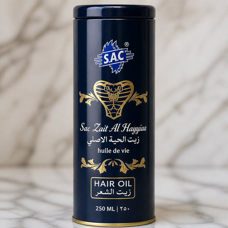 Huile de Serpent Zait Al Hayee 250 ml - Huile Capillaire – gros plan sur les détails et la finition du packaging