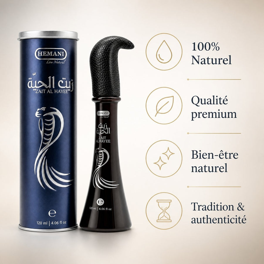 Huile de Serpent 120 ml Hemani Zait Al Hayee - Huile capillaire aux huiles végétales – infographie des bienfaits et des ingrédients clés